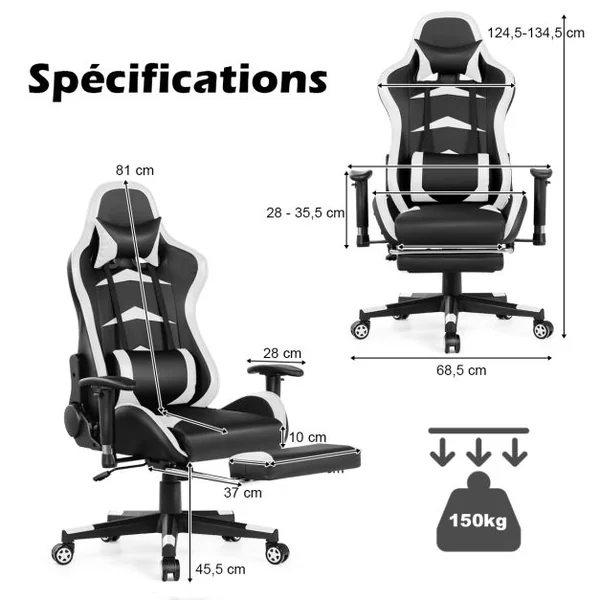 Fauteuil Gamer Pivotante Incliable Coussin Lombaire Appui-tête Repose pieds PU Hauteur et Dossier Réglable Blanc