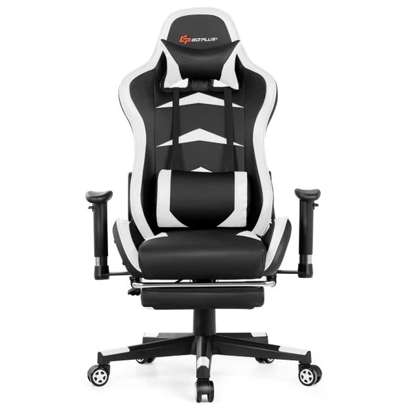 Fauteuil Gamer Pivotante Incliable Coussin Lombaire Appui-tête Repose pieds PU Hauteur et Dossier Réglable Blanc