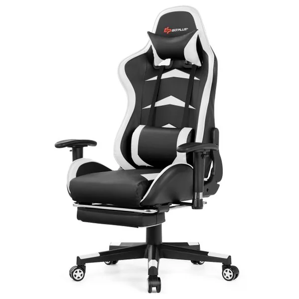 Fauteuil Gamer Pivotante Incliable Coussin Lombaire Appui-tête Repose pieds PU Hauteur et Dossier Réglable Blanc