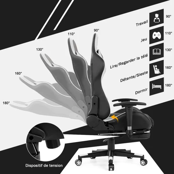 Fauteuil Gamer Pivotante Incliable Coussin Lombaire Appui-tête Repose pieds PU Hauteur et Dossier Réglable Blanc