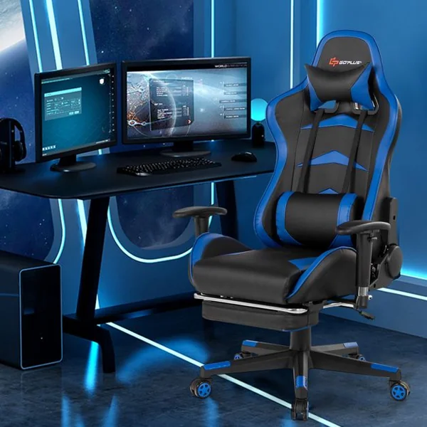 Fauteuil Gamer Pivotante Incliable Coussin Lombaire Appui-tête Repose pieds PU Hauteur et Dossier Réglable Bleu
