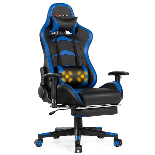 Fauteuil Gamer Pivotante Incliable Coussin Lombaire Appui-tête Repose pieds PU Hauteur et Dossier Réglable Bleu
