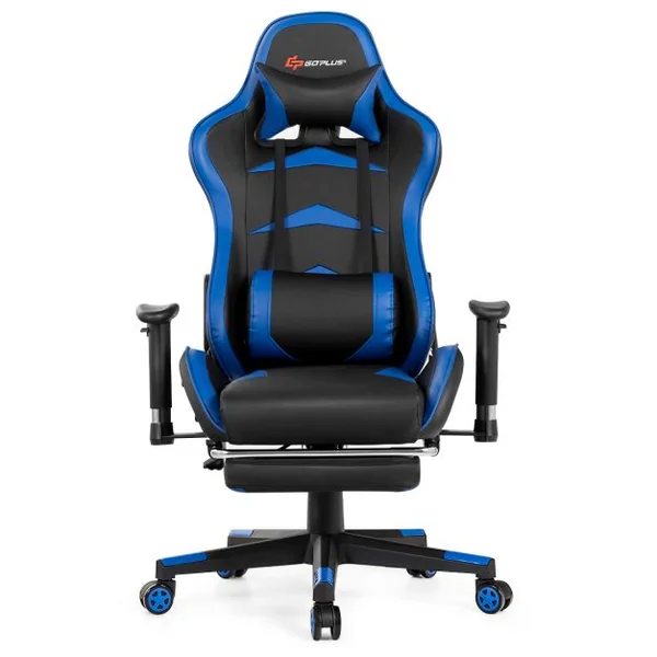 Fauteuil Gamer Pivotante Incliable Coussin Lombaire Appui-tête Repose pieds PU Hauteur et Dossier Réglable Bleu