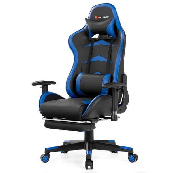 Fauteuil Gamer Pivotante Incliable Coussin Lombaire Appui-tête Repose pieds PU Hauteur et Dossier Réglable Bleu