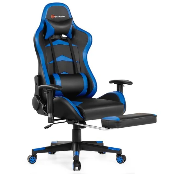 Fauteuil Gamer Pivotante Incliable Coussin Lombaire Appui-tête Repose pieds PU Hauteur et Dossier Réglable Bleu