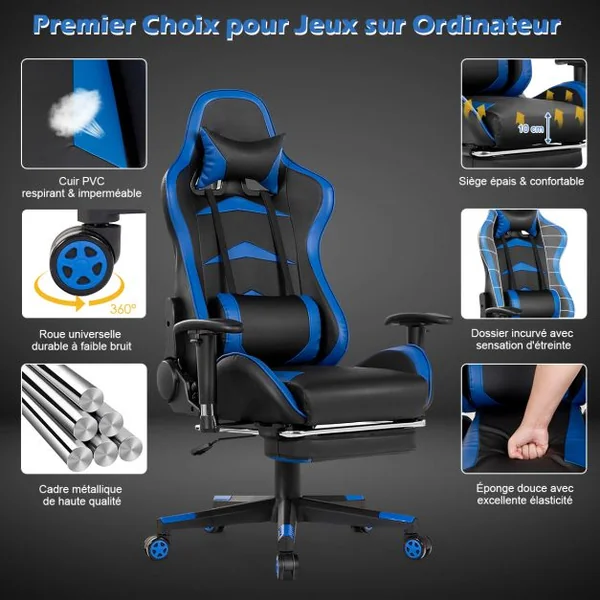 Fauteuil Gamer Pivotante Incliable Coussin Lombaire Appui-tête Repose pieds PU Hauteur et Dossier Réglable Bleu