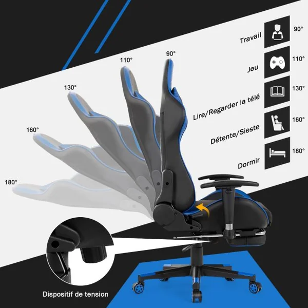 Fauteuil Gamer Pivotante Incliable Coussin Lombaire Appui-tête Repose pieds PU Hauteur et Dossier Réglable Bleu