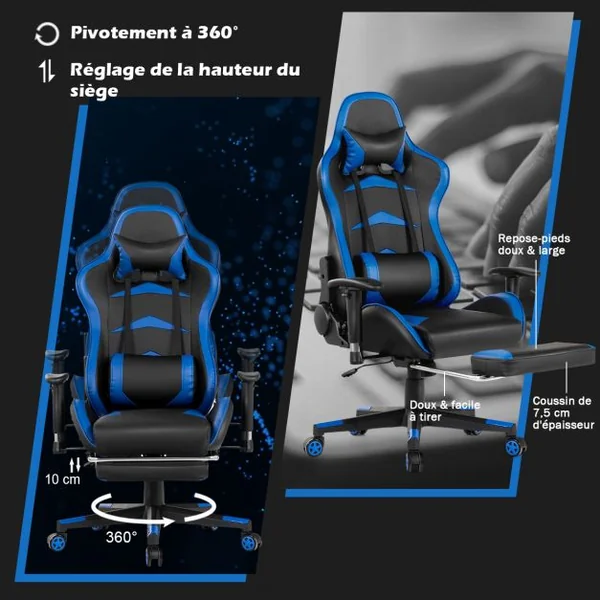 Fauteuil Gamer Pivotante Incliable Coussin Lombaire Appui-tête Repose pieds PU Hauteur et Dossier Réglable Bleu