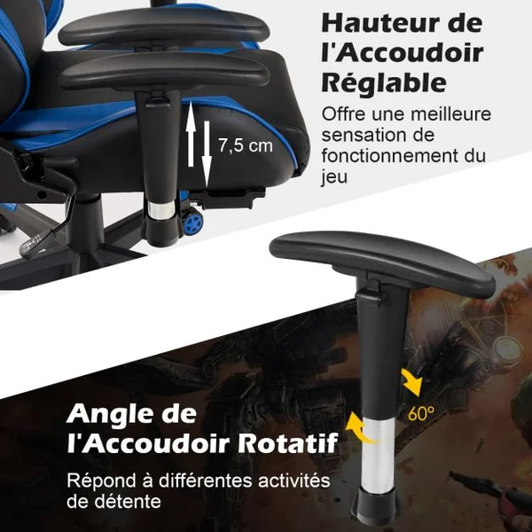 Fauteuil Gamer Pivotante Incliable Coussin Lombaire Appui-tête Repose pieds PU Hauteur et Dossier Réglable Bleu