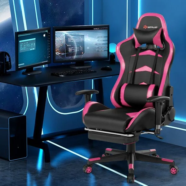 Fauteuil Gamer Pivotante Incliable Coussin Lombaire Appui-tête Repose pieds PU Hauteur et Dossier Réglable Rose