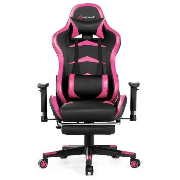 Fauteuil Gamer Pivotante Incliable Coussin Lombaire Appui-tête Repose pieds PU Hauteur et Dossier Réglable Rose