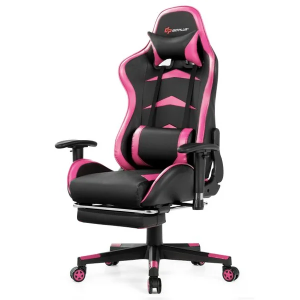 Fauteuil Gamer Pivotante Incliable Coussin Lombaire Appui-tête Repose pieds PU Hauteur et Dossier Réglable Rose