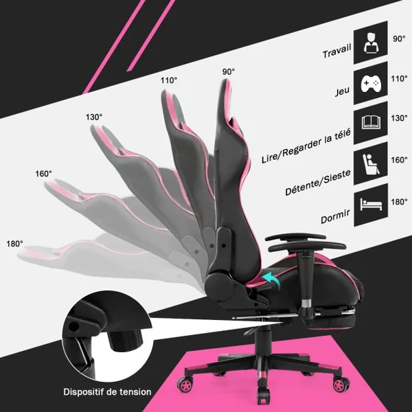 Fauteuil Gamer Pivotante Incliable Coussin Lombaire Appui-tête Repose pieds PU Hauteur et Dossier Réglable Rose