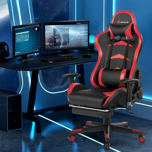 Fauteuil Gamer Pivotante Incliable Coussin Lombaire Appui-tête Repose pieds PU Hauteur et Dossier Réglable Rouge