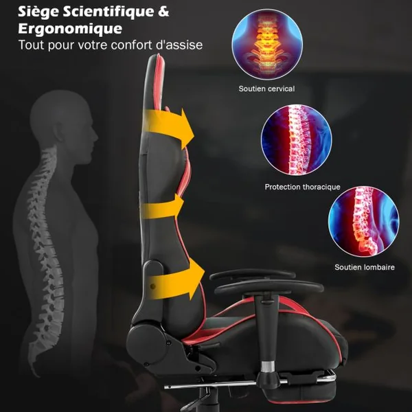 Fauteuil Gamer Pivotante Incliable Coussin Lombaire Appui-tête Repose pieds PU Hauteur et Dossier Réglable Rouge