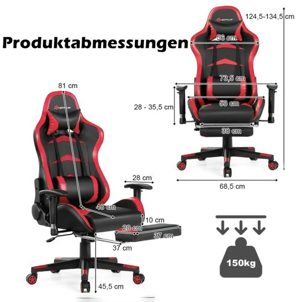 Fauteuil Gamer Pivotante Incliable Coussin Lombaire Appui-tête Repose pieds PU Hauteur et Dossier Réglable Rouge