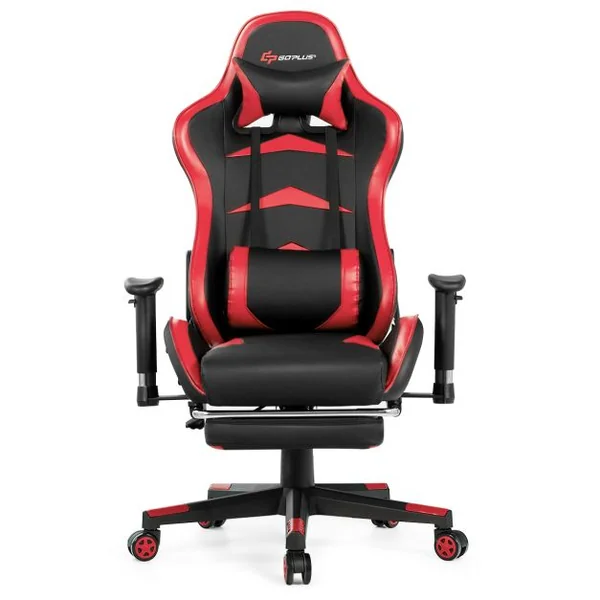 Fauteuil Gamer Pivotante Incliable Coussin Lombaire Appui-tête Repose pieds PU Hauteur et Dossier Réglable Rouge