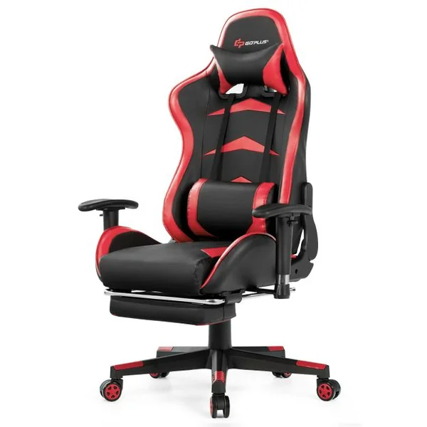 Fauteuil Gamer Pivotante Incliable Coussin Lombaire Appui-tête Repose pieds PU Hauteur et Dossier Réglable Rouge
