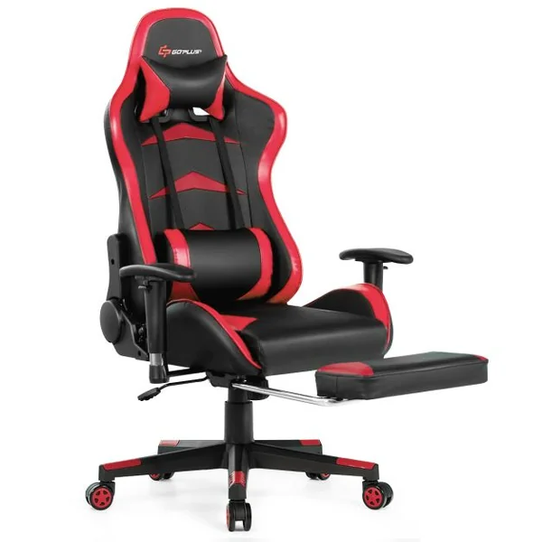 Fauteuil Gamer Pivotante Incliable Coussin Lombaire Appui-tête Repose pieds PU Hauteur et Dossier Réglable Rouge