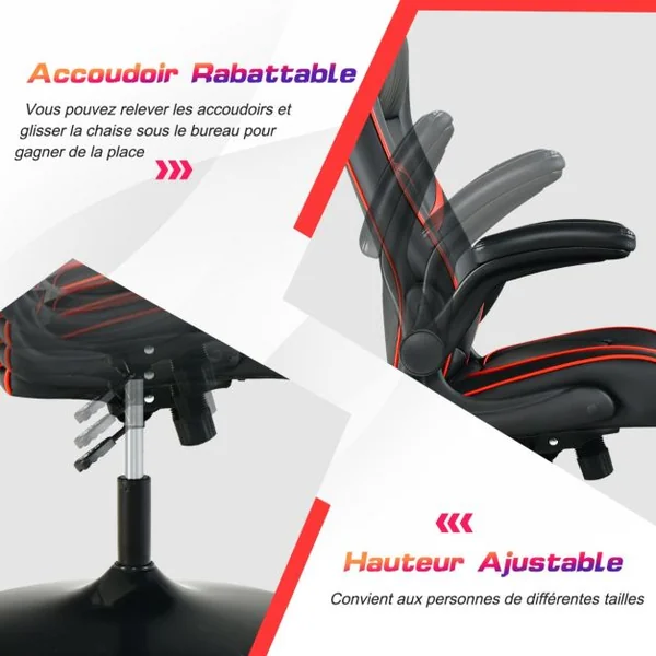 Fauteuil Gamer à Bascule Réglable en Hauteur en Similicuir Accoudoirs Rabattables pour Les Jeux et Le Travail Rouge