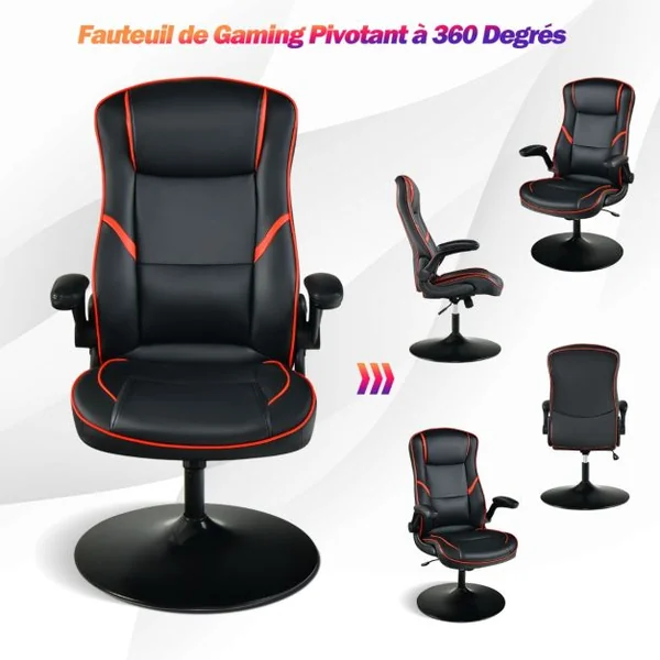 Fauteuil Gamer à Bascule Réglable en Hauteur en Similicuir Accoudoirs Rabattables pour Les Jeux et Le Travail Rouge