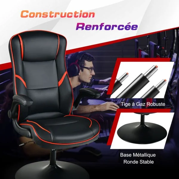 Fauteuil Gamer à Bascule Réglable en Hauteur en Similicuir Accoudoirs Rabattables pour Les Jeux et Le Travail Rouge