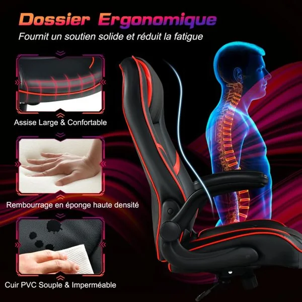 Fauteuil Gamer à Bascule Réglable en Hauteur en Similicuir Accoudoirs Rabattables pour Les Jeux et Le Travail Rouge