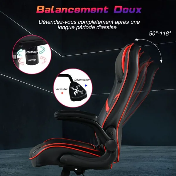 Fauteuil Gamer à Bascule Réglable en Hauteur en Similicuir Accoudoirs Rabattables pour Les Jeux et Le Travail Rouge