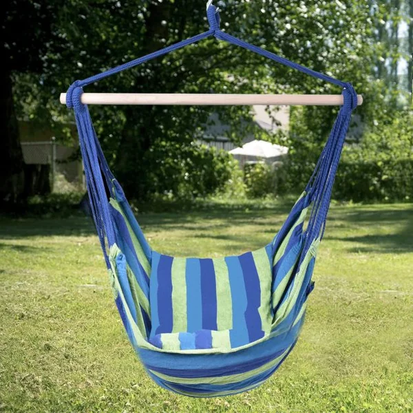 Fauteuil Hamac Suspendu pour Relaxation 2 Coussins Charge 120KG Intérieur et Extérieur Bleu et Vert