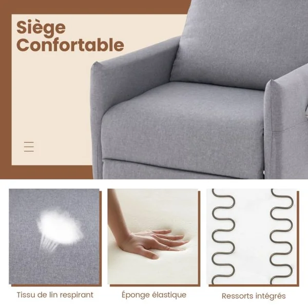 Fauteuil Inclinable à Dossier Inclinable en Tissu de Lin Dossier et Repose-pieds Réglables Siège Rembourré 2 Poches pour Magazines Gris Clair