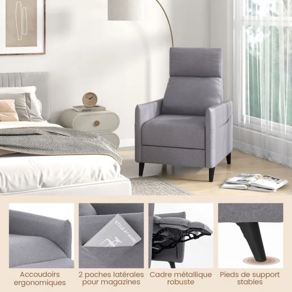 Fauteuil Inclinable à Dossier Inclinable en Tissu de Lin Dossier et Repose-pieds Réglables Siège Rembourré 2 Poches pour Magazines Gris Clair