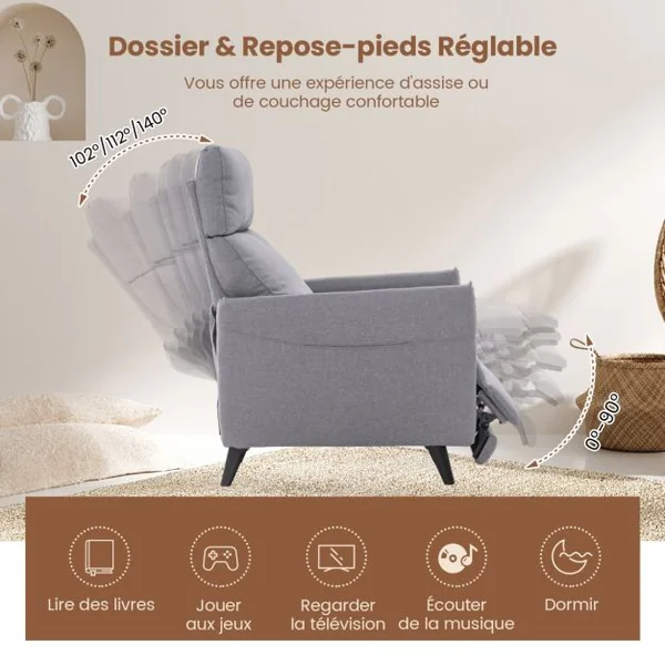 Fauteuil Inclinable à Dossier Inclinable en Tissu de Lin Dossier et Repose-pieds Réglables Siège Rembourré 2 Poches pour Magazines Gris Clair