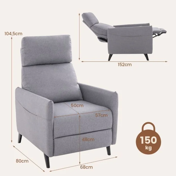 Fauteuil Inclinable à Dossier Inclinable en Tissu de Lin Dossier et Repose-pieds Réglables Siège Rembourré 2 Poches pour Magazines Gris Clair