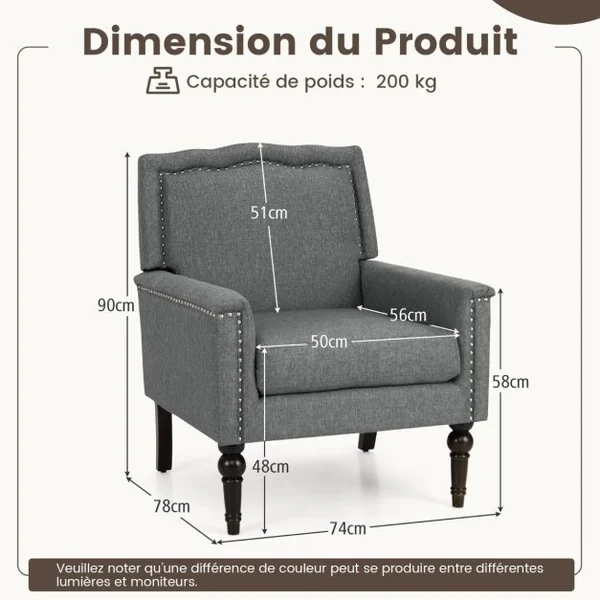 Fauteuil Moderne de Milieu du Siècle Chaise d'Appoint avec Coussin d’Assise Rembourré d’Éponge Confortable Fauteuil d'Appoint Gris