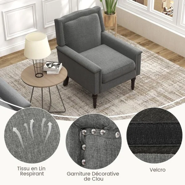 Fauteuil Moderne de Milieu du Siècle Chaise d'Appoint avec Coussin d’Assise Rembourré d’Éponge Confortable Fauteuil d'Appoint Gris