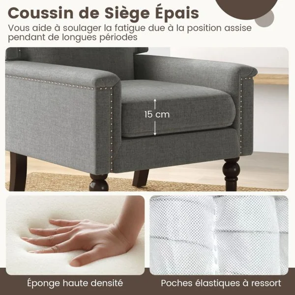 Fauteuil Moderne de Milieu du Siècle Chaise d'Appoint avec Coussin d’Assise Rembourré d’Éponge Confortable Fauteuil d'Appoint Gris