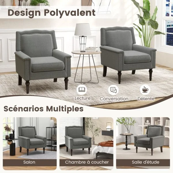 Fauteuil Moderne de Milieu du Siècle Chaise d'Appoint avec Coussin d’Assise Rembourré d’Éponge Confortable Fauteuil d'Appoint Gris