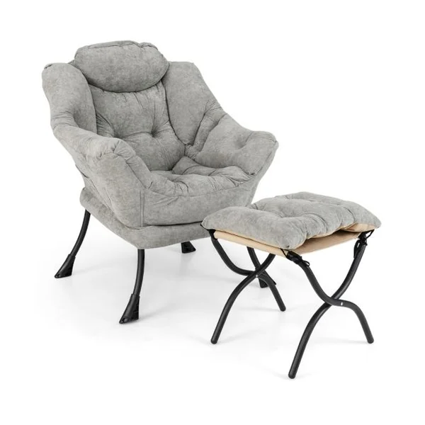 Fauteuil Paresseux avec Ottoman Fauteuil d'Appoint Surdimensionné en Sherpa Repose-pieds Pliable Poche Latérale Fauteuil de Loisirs Gris