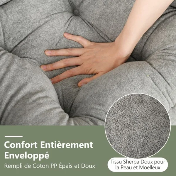 Fauteuil Paresseux avec Ottoman Fauteuil d'Appoint Surdimensionné en Sherpa Repose-pieds Pliable Poche Latérale Fauteuil de Loisirs Gris