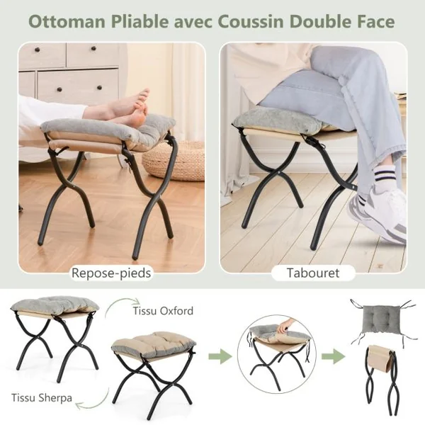 Fauteuil Paresseux avec Ottoman Fauteuil d'Appoint Surdimensionné en Sherpa Repose-pieds Pliable Poche Latérale Fauteuil de Loisirs Gris