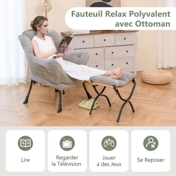 Fauteuil Paresseux avec Ottoman Fauteuil d'Appoint Surdimensionné en Sherpa Repose-pieds Pliable Poche Latérale Fauteuil de Loisirs Gris