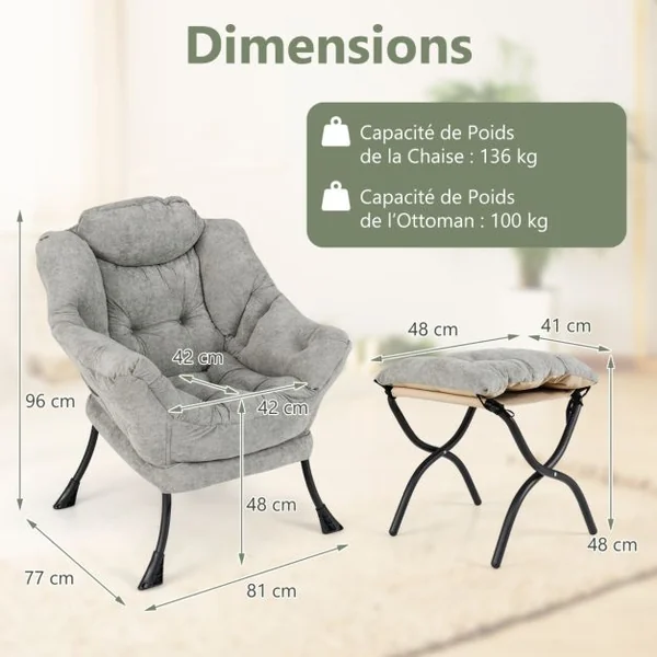 Fauteuil Paresseux avec Ottoman Fauteuil d'Appoint Surdimensionné en Sherpa Repose-pieds Pliable Poche Latérale Fauteuil de Loisirs Gris