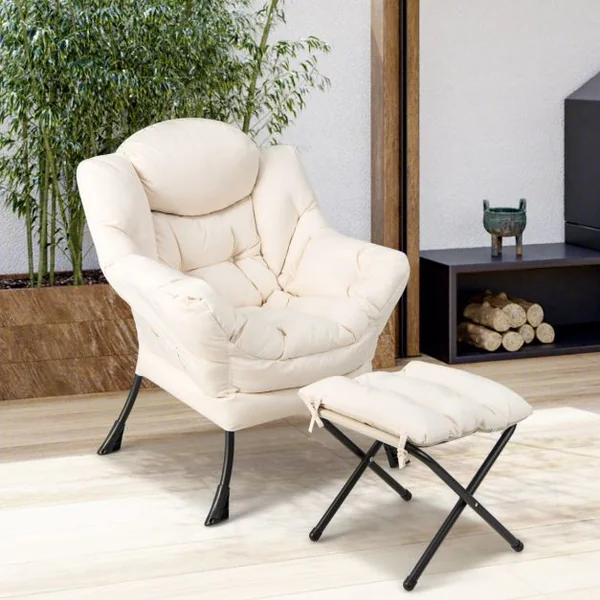 Fauteuil Paresseux avec Ottoman Fauteuil Moderne de Loisirs avec Oreiller Accoudoirs Poche Latérale et Repose-pieds Beige/Bleu/Gris/Café