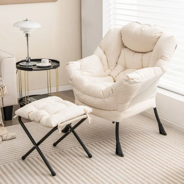 Fauteuil Paresseux avec Ottoman Fauteuil Moderne de Loisirs avec Oreiller Accoudoirs Poche Latérale et Repose-pieds Beige/Bleu/Gris/Café
