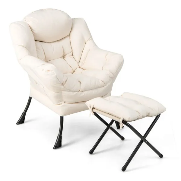 Fauteuil Paresseux avec Ottoman Fauteuil Moderne de Loisirs avec Oreiller Accoudoirs Poche Latérale et Repose-pieds Beige/Bleu/Gris/Café
