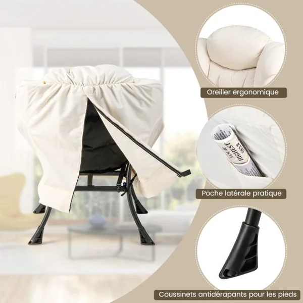 Fauteuil Paresseux avec Ottoman Fauteuil Moderne de Loisirs avec Oreiller Accoudoirs Poche Latérale et Repose-pieds Beige/Bleu/Gris/Café