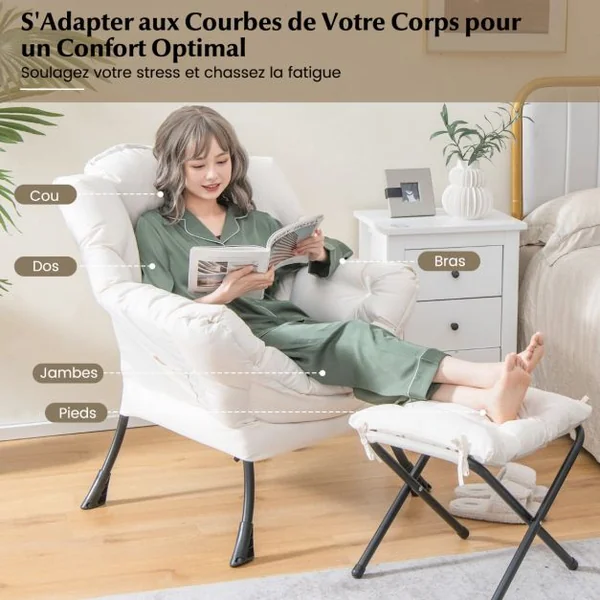 Fauteuil Paresseux avec Ottoman Fauteuil Moderne de Loisirs avec Oreiller Accoudoirs Poche Latérale et Repose-pieds Beige/Bleu/Gris/Café