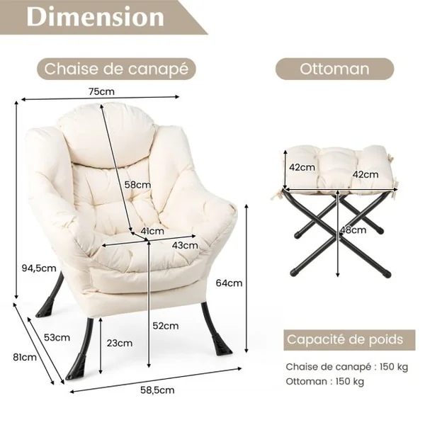 Fauteuil Paresseux avec Ottoman Fauteuil Moderne de Loisirs avec Oreiller Accoudoirs Poche Latérale et Repose-pieds Beige/Bleu/Gris/Café