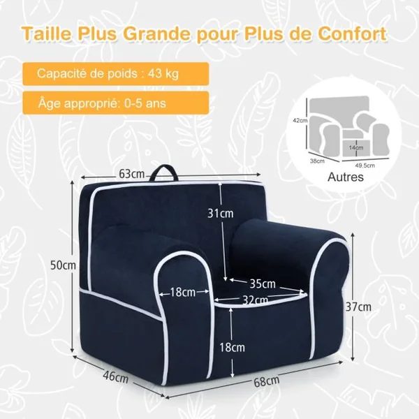 Fauteuil pour Enfant de 0 à 5 ans Rembourré avec Tissu en Velours et Éponge de Haute Qualité Chaise pour Salle de Jeux Chambre Jardin d'Enfants Bleu