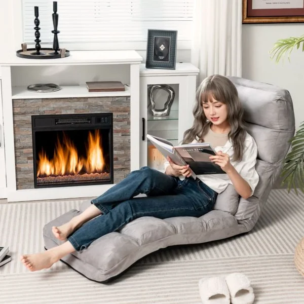 Fauteuil Relax Pliable Réglable sur 5 Positions en Faux Daim Chaise de Sol pour Salon, Mobilier de Bureau Chambre Gris